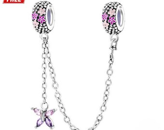 Pink Butterfly Floral Safety Chain Charm: S925 Sterling Silver Compatible