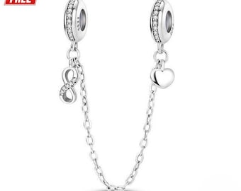 Sterling Silver Heart & Infinity Safety Chain Charm - Compatible