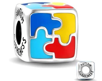 Pandora Autism Awareness Puzzle Charm, 925 Sterling Silver Charm for Bracelet, Colorful Puzzle Pieces Cube Charm, Autism Support Jewelry