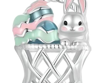Pandora Easter Basket and Bunny Charm, 925 Sterling Silver Charm for Bracelet, Cute Bracelet Charm, Stylish Women's Jewelry, Gift for Her