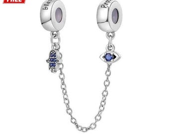 Sterling Silver Hamsa Hand Evil Eye Safety Chain Charm - Compatible