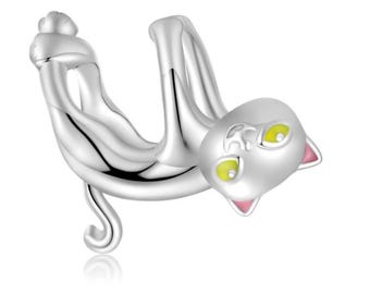 Breloque Chat En Argent Sterling 925 Avec Émail - Charme Pour Bracelet Et Collier