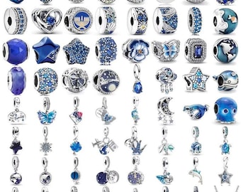 Blue Theme 925 Sterling Silver Charms | European‑Style Charm Bracelets | Moon, Stars, Ocean, Travel, Butterfly, Family & Animal Beads
