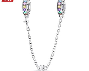Sterling Silver Colorful Pave Heart Safety Chain Charm for Bracelet