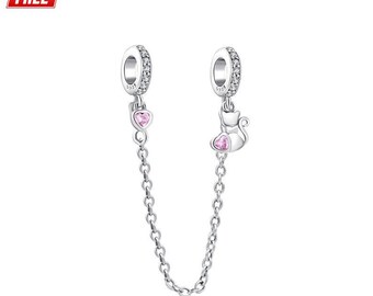 Sterling Silver Cat Charm: Pink Heart Zircon Safety Chain, Compatible