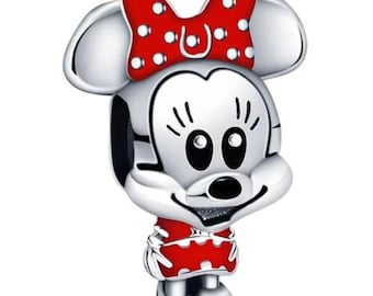 Pandora Minnie Mouse Bracelet Charm, 925 Sterling Silver Charm for Women, Dotted Dress and Bow Mouse Charm, Gift for Her