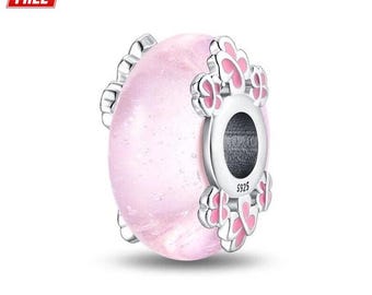 Glow in the Dark Pink Murano Glass Charm – Sterling Silver Compatible Bead