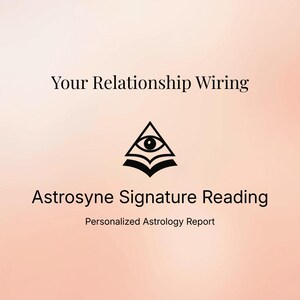 May include: A digital graphic with the text "Your Relationship Wiring" above a black triangle with an eye symbol. Below, it reads "Astrosyne Signature Reading" and "Personalized Astrology Report" on a gradient pink background.