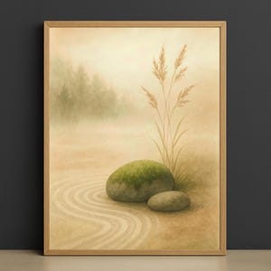 Arte mural biofílico zen sereno / Póster ambiental minimalista de inspiración japonesa para una decoración relajante del hogar o la consulta del terapeuta / Descarga digital JPG