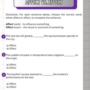 Puede incluir: Una hoja de trabajo blanca con el título "AFFECT VS. EFFECT" en una pancarta morada. La hoja de trabajo proporciona definiciones de "affect" y "effect" e incluye preguntas para completar y probar la comprensión de las palabras.