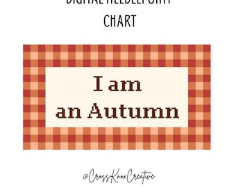 I Am an Autumn Needlepoint Chart, Fall Stitch Pattern, Gingham Border, Instant Digital Download, Counted Canvas Design, Seasonal Decor