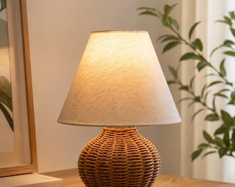 Handmade Dimmable 11" Small Mini Boho Table Lamp – Rattan Bamboo Wicker Design with Bulb. Lamp for Nightstand, Living Room & Office.