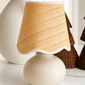11" Small Mini Scallop Rattan Table Lamp – Cream Ceramic Base, Dimmable Light, Boho Minimalist Lamp for Bedroom, Nightstand or Office Decor
