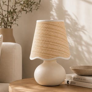 11" Small Mini Scallop Rattan Table Lamp – Cream Ceramic Base, Dimmable Light, Boho Minimalist Lamp for Bedroom, Nightstand or Office Decor