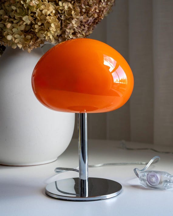 Mid Century Orange Glass Mushroom Table Lamp, 13.5" High Dimmable Retro Accent Light