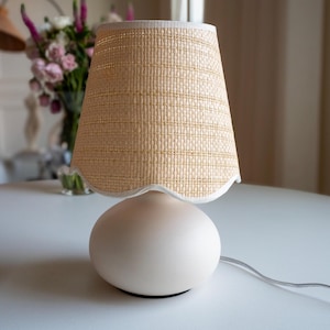 11" Small Mini Scallop Rattan Table Lamp – Cream Ceramic Base, Dimmable Light, Boho Minimalist Lamp for Bedroom, Nightstand or Office Decor