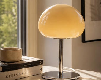 Gumdrop Cream Glass Mushroom Lamp, 13.5" Mid Century Dimmable Accent Light