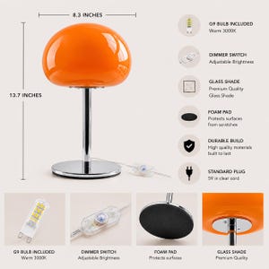 Gumdrop Orange Glass Mushroom Lamp, 13.5" Mid Century Dimmable Accent Light image 4