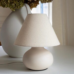 11" Small Mini Cream Ceramic Table Lamp with Fabric Shade | Dimmable Modern Minimalist Accent Light for Bedroom, Living Room, Nightstand