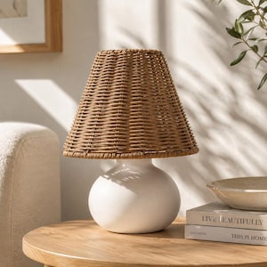 11" Small Mini Cream Ceramic Table Lamp, Dimmable Light with Wicker Rattan Shade, Boho Accent Lamp for Kitchen, Nightstand, Rustic Decor