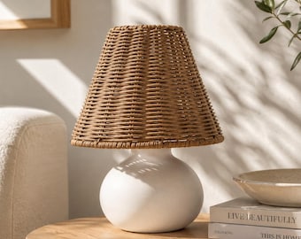 11" Small Mini Cream Ceramic Table Lamp, Dimmable Light with Wicker Rattan Shade, Boho Accent Lamp for Kitchen, Nightstand, Rustic Decor