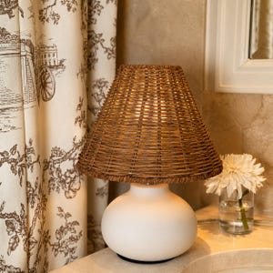 11" Small Mini Cream Ceramic Table Lamp, Dimmable Light with Wicker Rattan Shade, Boho Accent Lamp for Kitchen, Nightstand, Rustic Decor