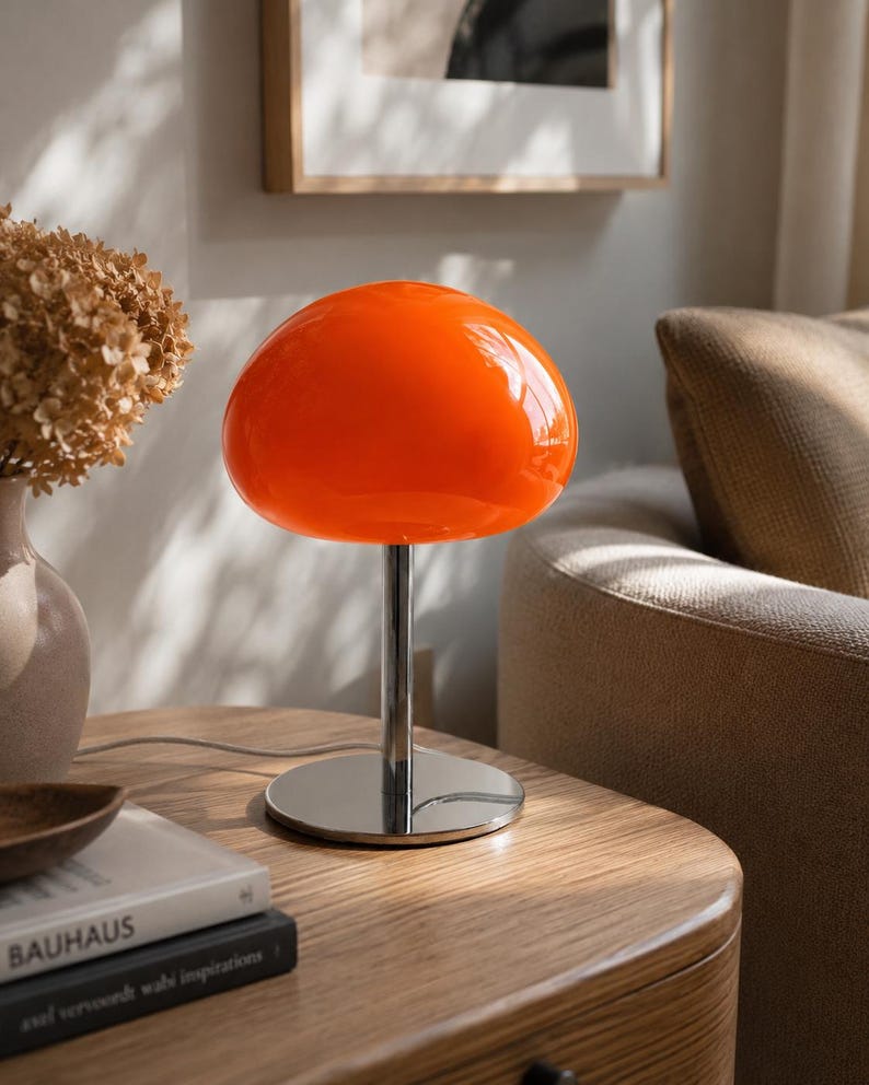Gumdrop Orange Glass Mushroom Lamp, 13.5" Mid Century Dimmable Accent Light image 1