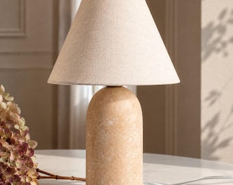 14” Small Mini Ceramic Table Lamp with Linen Fabric Shade – Dimmable Boho Modern Accent Light for Bedroom Nightstand, Living Room, or Office