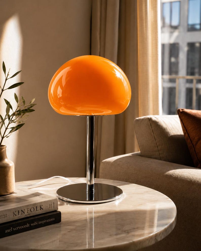 Gumdrop Orange Glass Mushroom Lamp, 13.5" Mid Century Dimmable Accent Light image 3