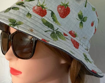 Handmade Women Medium Overalls Strawberry/Denim With Reversible Bucket Hat