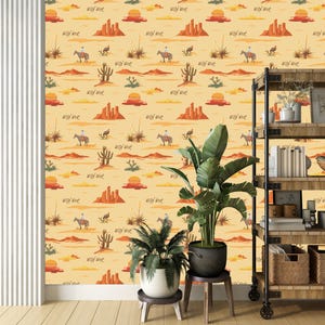 Landscape Western Wallpaper,Peel and Stick Western Cowboy Wallpaper with Turkey and Cactus,Wild West Wallpaper,Horseback Riders Wallpaper