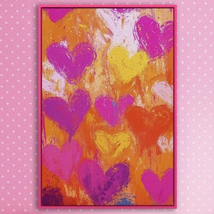 Vibrant Heart Abstract Art - Colorful Pink and Orange Framed Canvas Print, Bedroom Decor, Hearts Painting Print, Gift for Her, Ready to Hang