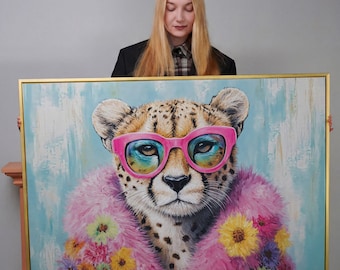 Pink Floral Leopard Framed Canvas Print: Whimsical Teen Room Wall Art