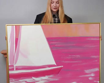 Pink Sailboat Painting: Abstract Coastal Framed Canvas Art