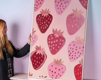 Toile encadrée fraise rose : décoration murale de cuisine moderne
