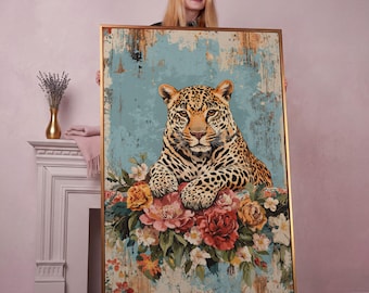 Leopard with Floral Accents Framed Canvas Print: Animal Wall Art