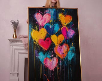 Tableau abstrait coeurs colorés : impression sur toile encadrée