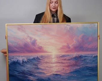 Pink Ocean Sunset Framed Canvas Print: Tranquil Seascape Wall Art