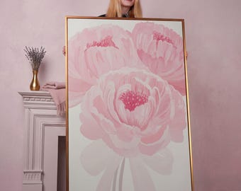 Pink Floral Canvas Print: Elegant Flower Painting, Framed Wall Art