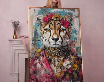 Abstract Cheetah Portrait: Pink Floral Animal Art - Framed Canvas Print