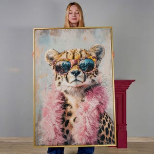 Cheetah Art Print: Pink Feather Boa and Sunglasses - Fun Animal Wall Decor