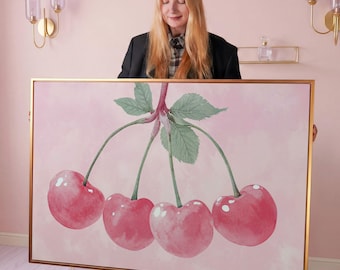 Cherry Framed Canvas Print: Pink Kitchen Wall Art