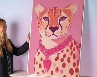 Pink Cheetah Art: Framed Animal Portrait Canvas Print
