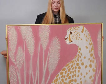 Cheetah Framed Canvas Print: Bohemian Pink Animal Art