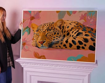 Leopard Floral Art Framed Canvas Print: Pink Boho Decor