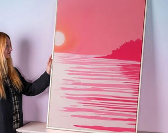 Pink Sunset Seascape Framed Canvas Print: Coastal Wall Art