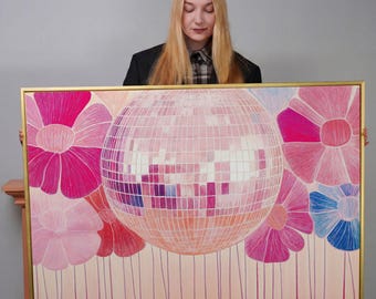 Disco Ball and Pink Flower Art: Chic Framed Canvas Print