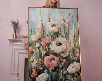 Pink Floral Framed Canvas Print: Impressionist Bedroom Wall Art