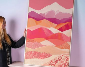 Pink Abstract Mountain Landscape - Framed Canvas Wall Art