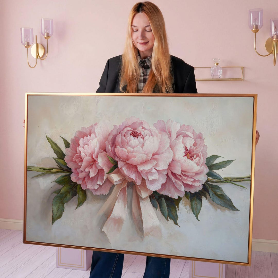 Elegant Peony Framed Canvas Print: Pastel Pink Floral Bouquet Art - Etsy